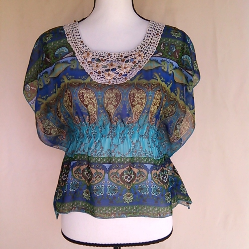 ❤️ Blue Boho Crochet Neckline Summer Top 2/$15